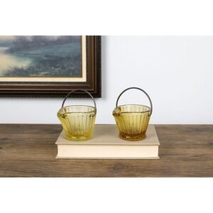 Vintage Hazel Atlas Mini Glass Coal Bucket Set of 2 Toothpick Holders